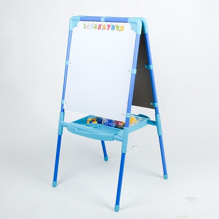 Мольберт детский двусторонний с большим пеналом и пластиковой азбукой, голубой 